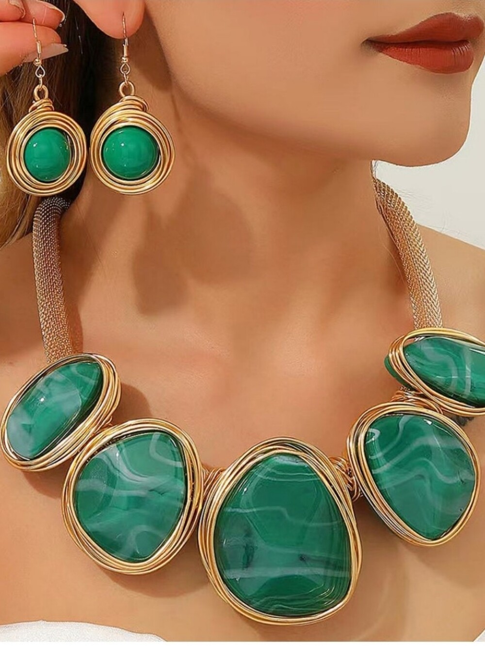 Gold-Trim Metal Green Statement Necklace & Earrings Set